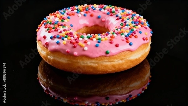 Fototapeta  Vibrant Pink Glazed Donut with Rainbow Sprinkles Reflected on Black Background