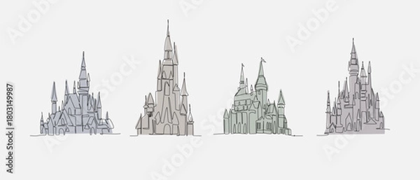 Fototapeta Minimalist Colored Castles. One Line Vector Set