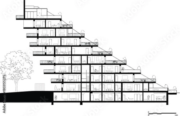 Obraz Architectural cross section drawing of a unique tiered residential building with multiple levels and balconies