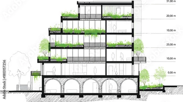 Fototapeta Architectural cross section drawing of a modern multi story building with green terraces and trees integrated into its design