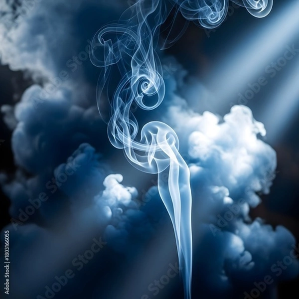 Fototapeta Calm smoke swirls symbolize pranayama breathing, representing inhale and exhale, swirling smoke in shades of blue and white, with highlights and soft, wallpaper 