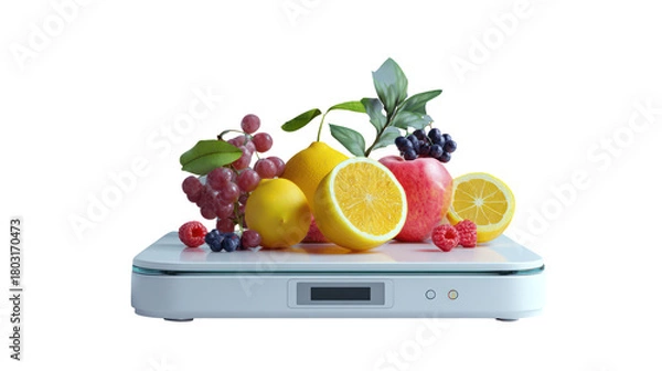 Fototapeta Kitchen scale with digital screen and fruits on top clean on transparent background