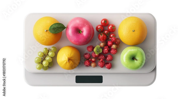 Fototapeta Assortment of fresh fruits and berries on a digital scale isolated on transparent background