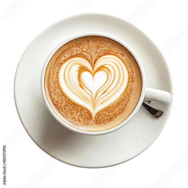 Fototapeta Cup of coffee with heart shaped latte art isolated on transparent background