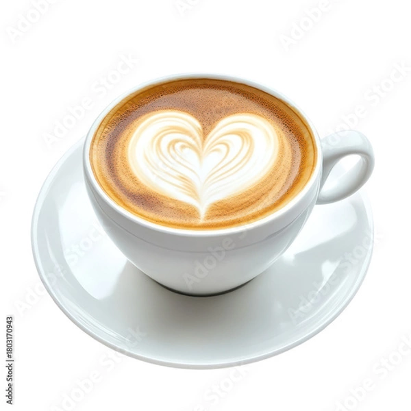 Fototapeta White cup of coffee with heart latte art isolated on transparent background
