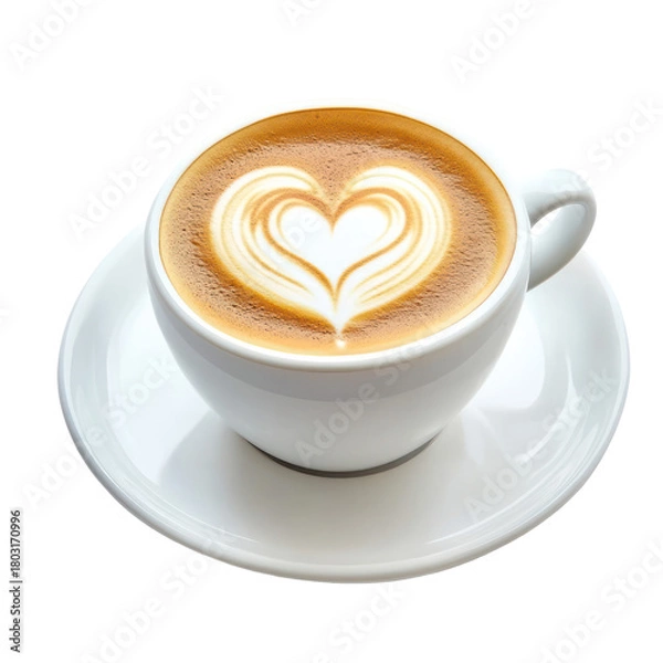 Fototapeta White coffee cup with heart latte art isolated on transparent background