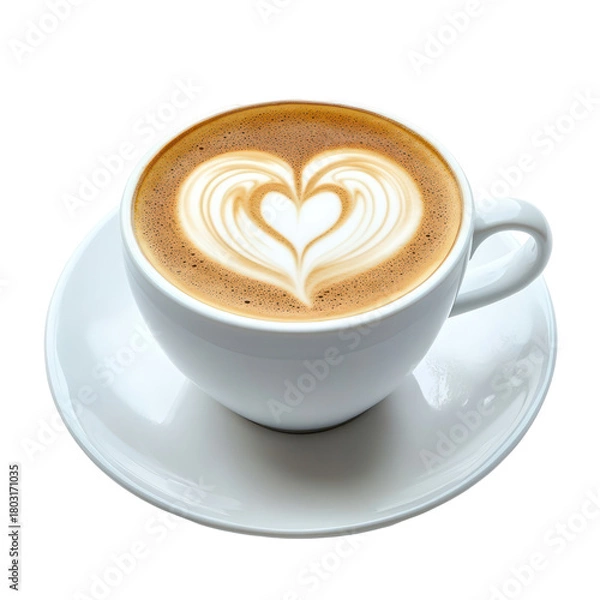 Fototapeta White cup of coffee with heart latte art isolated on transparent background