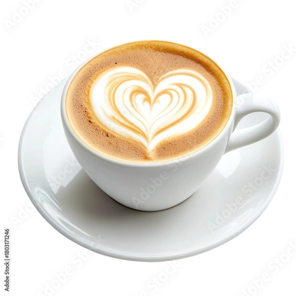Fototapeta White cup of coffee with heart latte art isolated on transparent background