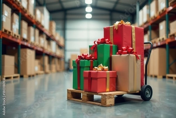 Fototapeta Festive presents on a hand truck in a warehouse, ready for distribution during the holiday season.