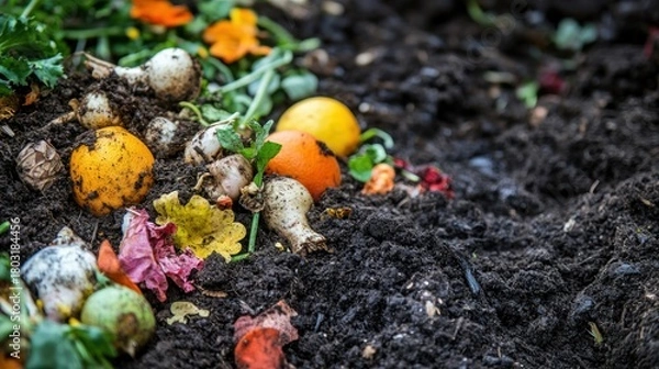 Obraz Organic compost, rich dark earth with decomposing matter, real texture, cycle of life, macro