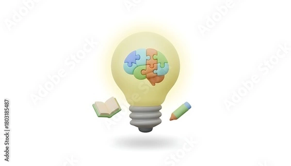 Obraz 3D cartoon lightbulb icon with a soft pastel yellow glow and smooth clay-like body, symbolizing ideas, creativity, innovation, and bright thinking in a cute minimal style.