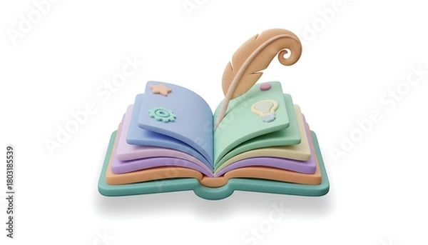 Fototapeta 3D cartoon open book icon with colorful pages, soft rounded shapes, and smooth pastel shading, symbolizing knowledge, learning, storytelling, and creative education.
