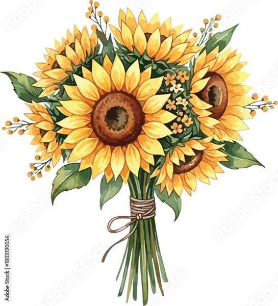 Fototapeta A watercolor painting of a bouquet of sunflowers tied with twine on a white background illustration