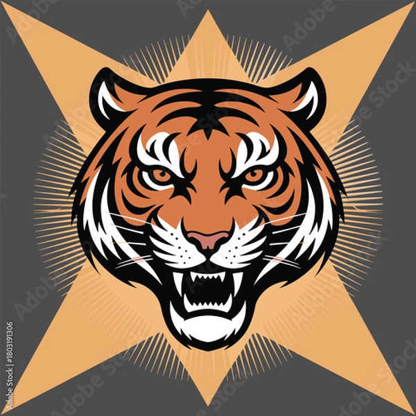 Fototapeta Fierce tiger head roaring with sharp teeth and orange starburst background animal