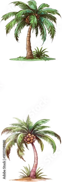 Obraz Tropical palm tree illustrations with coconuts and grass, detailed cartoon nature vector