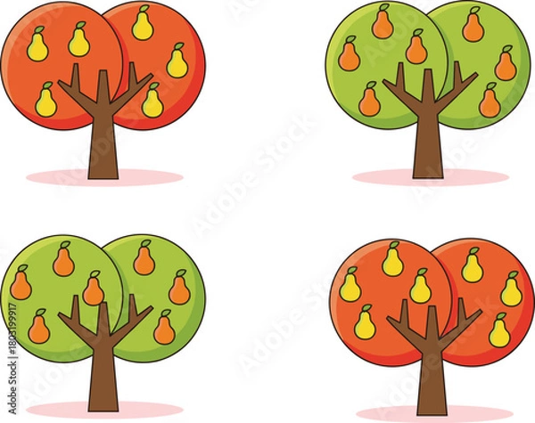 Obraz Pear tree illustration set, stylized fruit trees, yellow and orange pears, seasonal foliage, counting concept, educational vector, nature design