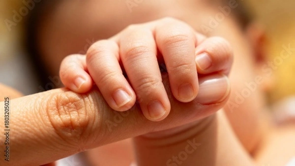 Fototapeta close view of a baby hand holding a finger of its mom, hand of a baby, haptic