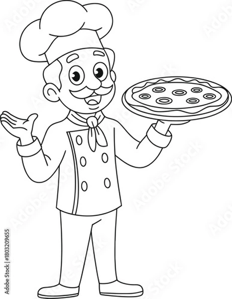 Obraz Black and White Line Art Chef Holding Pizza Coloring Page Vector illustration