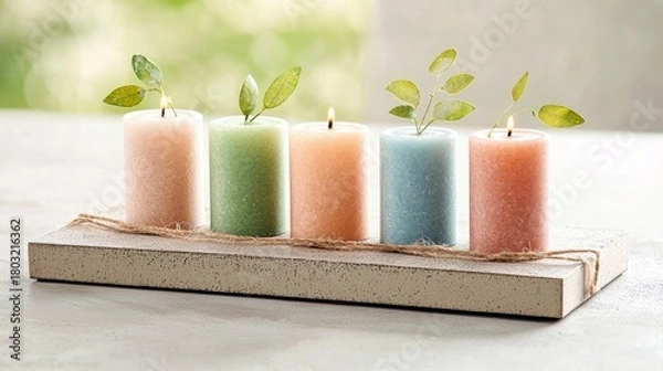 Fototapeta A decorative arrangement of five pastel colored pillar candles, each adorned with a small green leaf, sits on a rustic wooden tray.