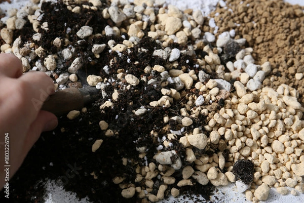 Fototapeta making a handamde soil mix special for a cactus arrangement pot