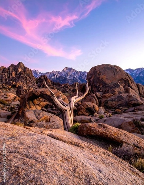 Fototapeta A solitary, ancient tree stands amidst large boulders against a backdrop of mountains and a vibrant pink and blue sky