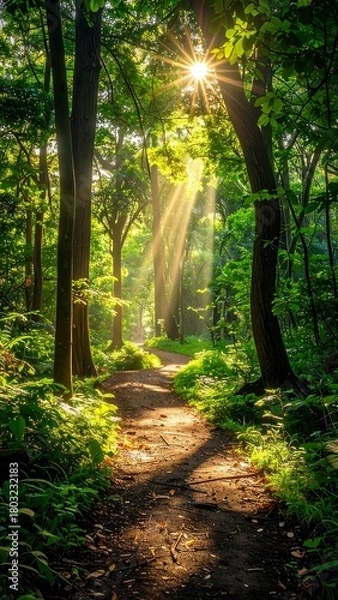 Fototapeta A sunlit forest path with rays of light streaming through the canopy. Green foliage and tall trees frame the path