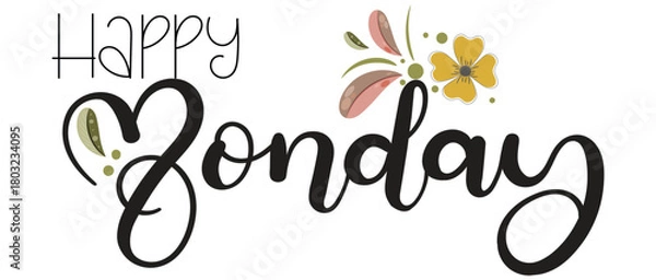 Fototapeta Hello MONDAY. Monday day of the week with flowers and leaves. Illustration (Monday)