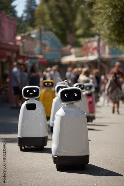 Fototapeta in safe neighborhood robotic nannies guide children along cheerful routes on sunny day