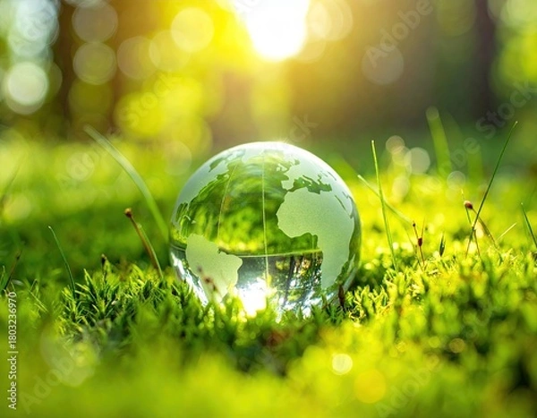 Obraz Crystal Globe Resting on Vibrant Green Moss with Soft Bokeh Background and Golden Sunlight Promoting Environmental Awareness and Sustainability