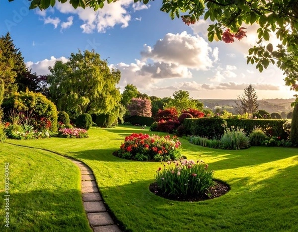Fototapeta A vibrant, sunny garden scene showcasing well-maintained greenery, flowers, and a winding stone path under a bright, cloud-filled sky