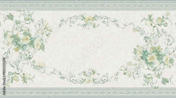 Fototapeta A carpet-style wallpaper design featuring green floral patterns with light grey borders and presents delicate vine motifs along the edges and an elegant light green patterned frame at the center
