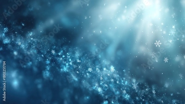 Fototapeta A serene winter scene with swirling snowflakes against a soft blue background, evoking a magical and tranquil atmosphere.
