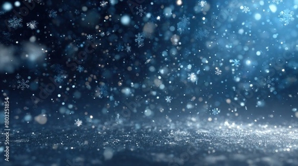 Fototapeta A serene winter scene with falling snowflakes and a sparkling, icy background, creating a magical, tranquil atmosphere.