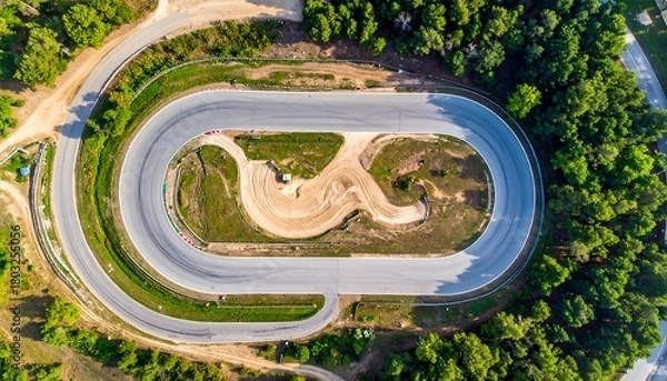 Fototapeta Aerial view of a race track curving through green foliage