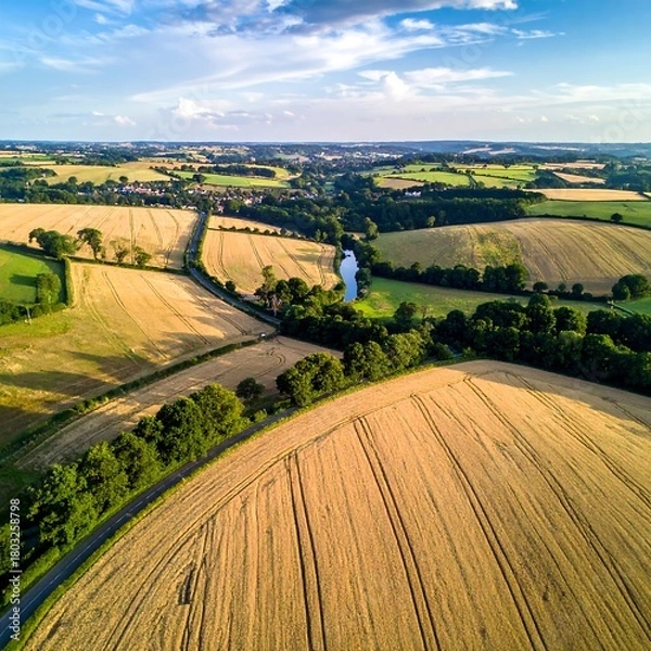 Fototapeta Aerial view of a rural landscape featuring fields and a road
