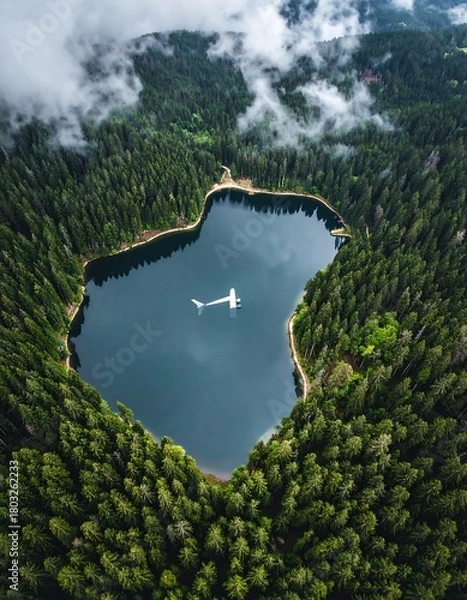 Fototapeta Aerial view of a secluded lake ringed by lush forest with a plane