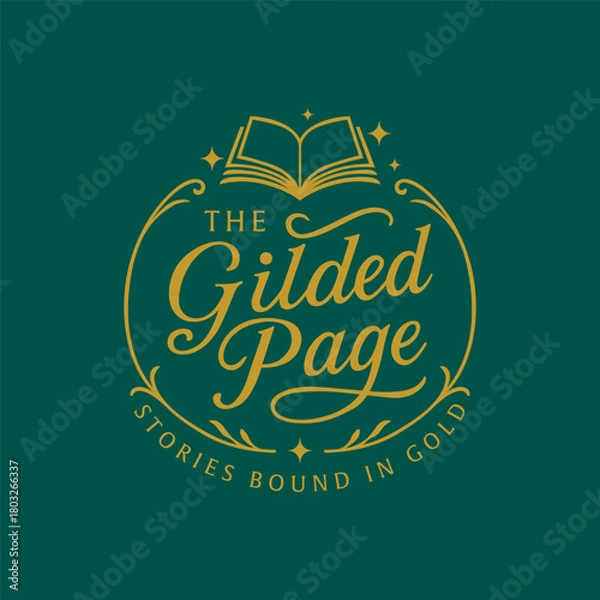 Obraz Elegant vintage book logo with ornate flourishes, golden line art, and open book symbol on a rich green background. Editable Vector File
