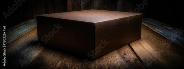 Fototapeta Brown Box on Wooden Surface with Dramatic Lighting and Dark Background for Creative Use