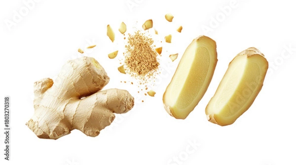 Fototapeta Fresh ginger root and pieces isolated on transparent background