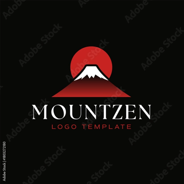Obraz Stylized mountain peak logo with a bold red sun and smooth gradient, creating a clean and modern visual for nature, travel, or zen branding concepts. Editable Vector File
