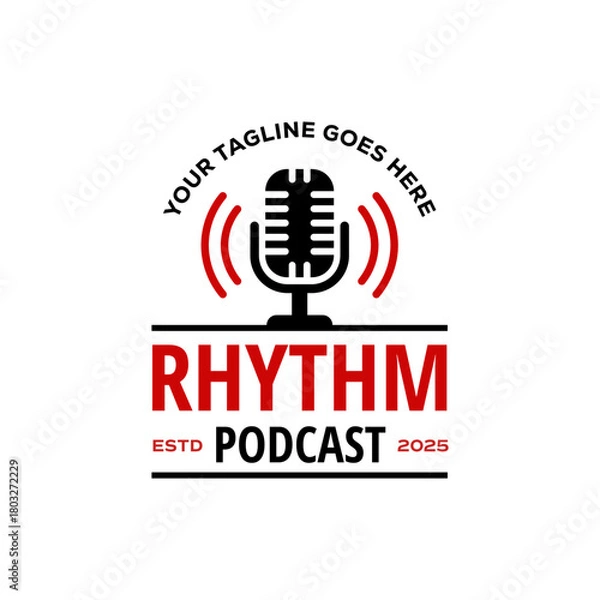 Obraz Modern podcast logo featuring a classic microphone with bold sound waves, clean typography, and a dynamic layout suitable for audio, media, or broadcasting themes. Editable Vector File
