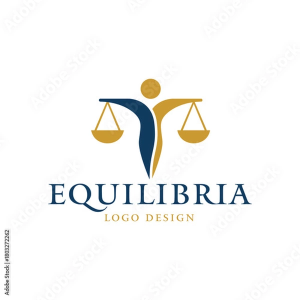 Obraz Elegant balance scale logo combined with an abstract human figure, using blue and gold tones to symbolize justice, harmony, and stability. Perfect for law or wellness branding. Editable Vector File
