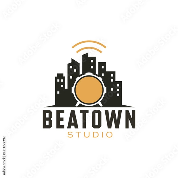 Obraz Modern urban cityscape logo combining a drum element with sound waves, creating a dynamic music and studio branding concept with bold shapes and clean style. Editable Vector File
