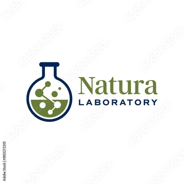Obraz Modern laboratory flask logo featuring green liquid and connected molecule elements, symbolizing science, nature, and innovation for research or eco-tech branding. Editable Vector File
