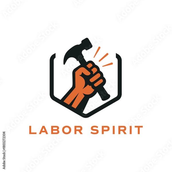 Obraz Bold worker hand holding a hammer inside a shield shape, symbolizing strength, craftsmanship, and hard work. Ideal for construction, labor, or workshop branding. Editable Vector File
