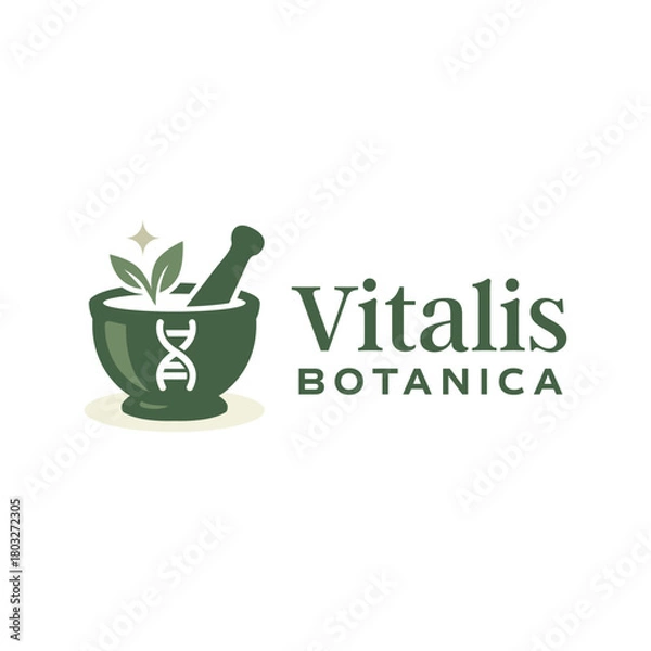Obraz Herbal mortar and pestle logo featuring green leaves, a DNA symbol, and clean modern styling to represent natural science, wellness, and botanical research. Editable Vector File
