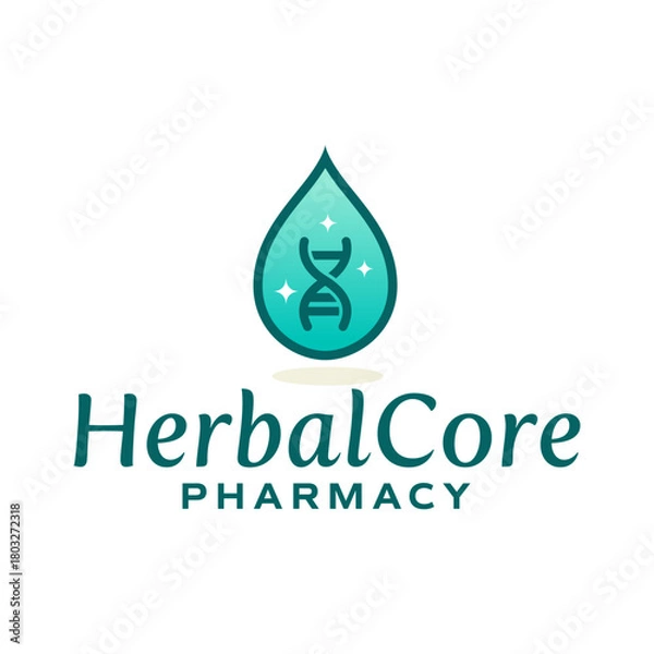 Obraz Modern herbal logo featuring a green gradient droplet with a DNA symbol and sparkling accents, representing natural science, wellness, and botanical innovation. Editable Vector File
