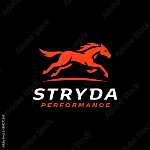 Obraz Powerful running horse logo in bold orange silhouette, symbolizing speed, strength, and high performance with clean modern styling for sports or fitness branding. Editable Vector File
