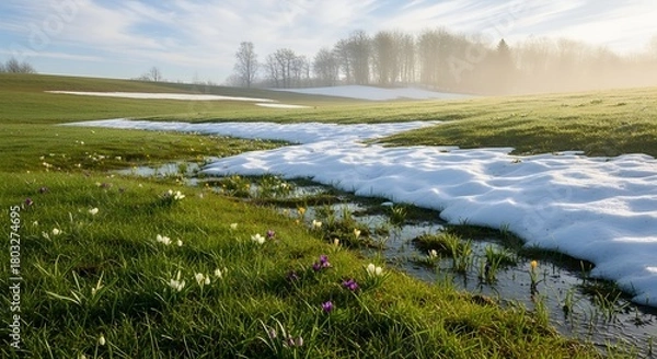 Fototapeta Spring meadow with melting snow and blooming crocuses a scenic landscape of seasonal transition symbolizing renewal and the end of winter