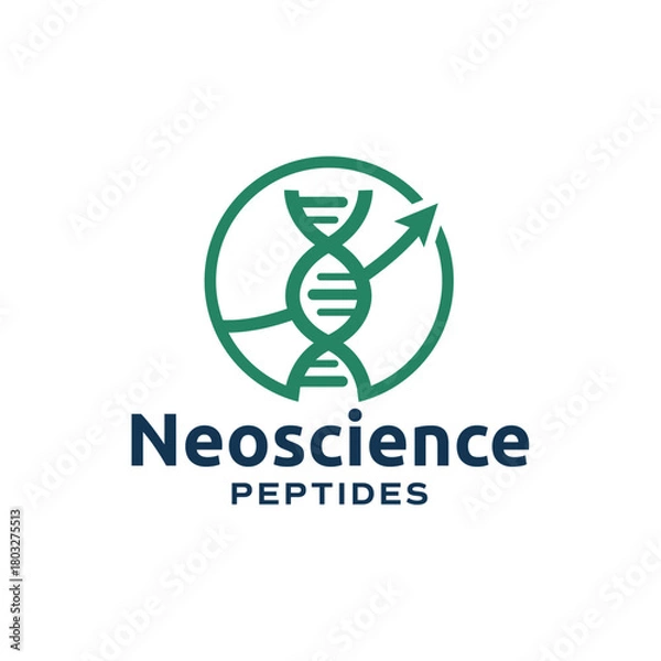 Obraz Modern DNA helix with upward arrow inside a circular frame, symbolizing science, research, and growth. Ideal for biotech, medical, and laboratory branding. Editable Vector File
